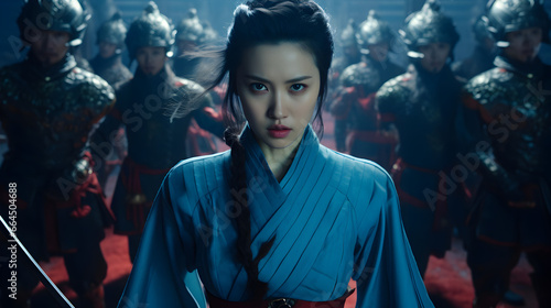 A wuxia inspired, young Chinese woman warrior wearing dark blue clothing, stands in front of a group of armored soldiers wielding swords