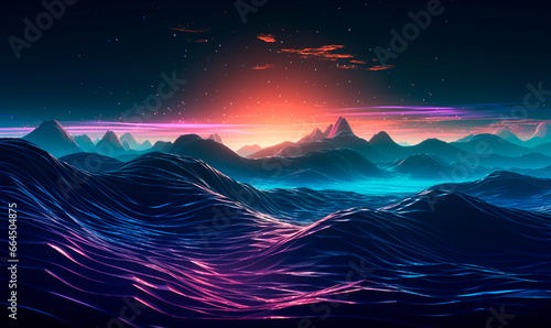 Neon futuristic sea waves background. Digital 3d purple storm with colorful gradient and cyberpunk ocean on horizon in red glowing glow