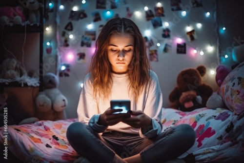 Teens and cyber bullying. Upset teen girl sitting on floor in her bedroom holding a phone. Being bullied on the internet in cyber space. photo