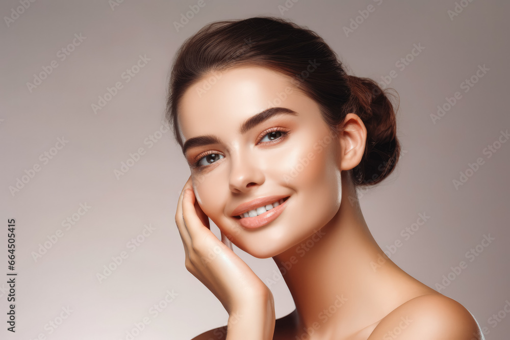 woman smiling while touching her flawless skin. Cosmetics photography of beautiful flawless woman with glowing healthy skin. woman smiling while touching her flawless skin. Cosmetics photography of beautiful flawless woman with glowing healthy skin.