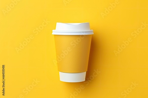 Blank coffee cup isolated on yellow background.