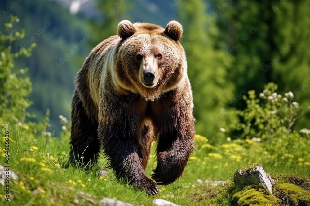 Brown bear moving on the green meadow in springtime nature. Brown bear moving on the green meadow in springtime nature.
