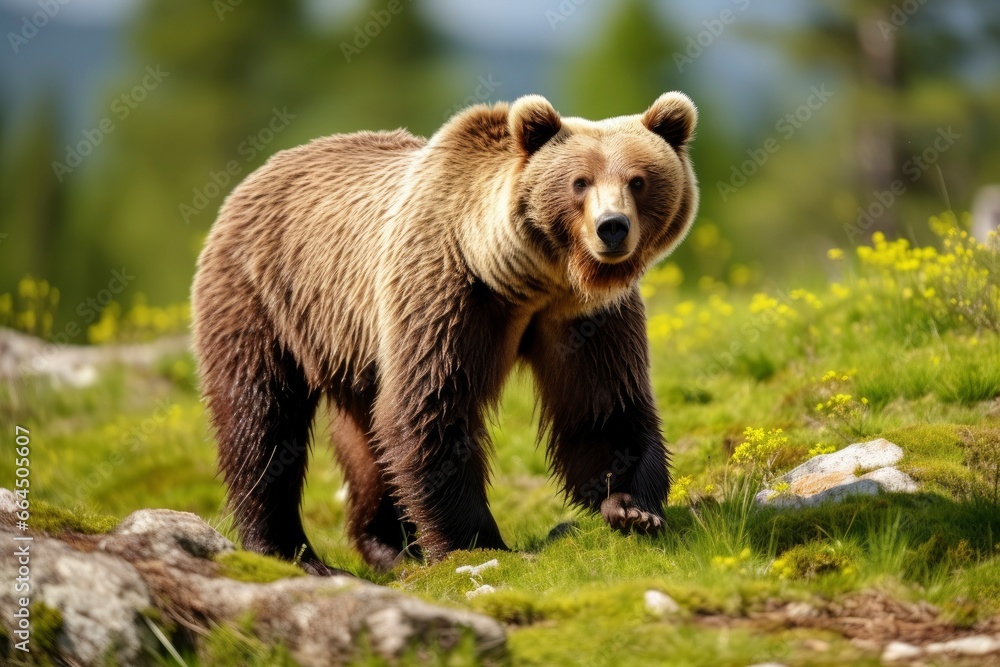 Brown bear moving on the green meadow in springtime nature. Brown bear moving on the green meadow in springtime nature.