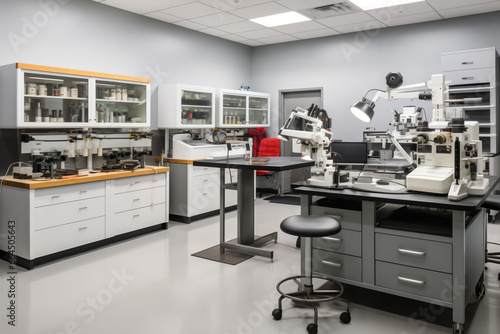 A state-of-the-art optical lab brimming with high-tech machinery, precise calibration tools, and organized bins filled with diverse lens options for customization photo