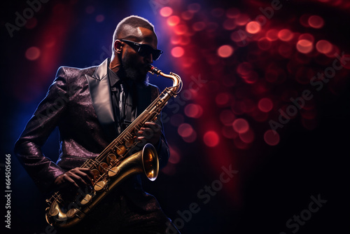 Deep in rhythm  a jazz musician with silver aviator sunglasses is immersed in his saxophone play  the dim stage lights casting a melancholic ambiance
