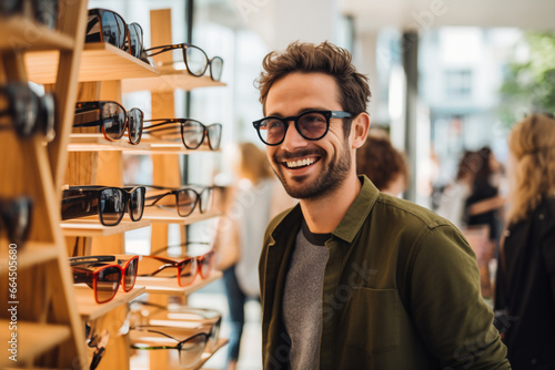 An eco-conscious urban dweller, keen on sustainable fashion, is engrossed in browsing through a collection of bamboo eyewear at a pop-up store photo