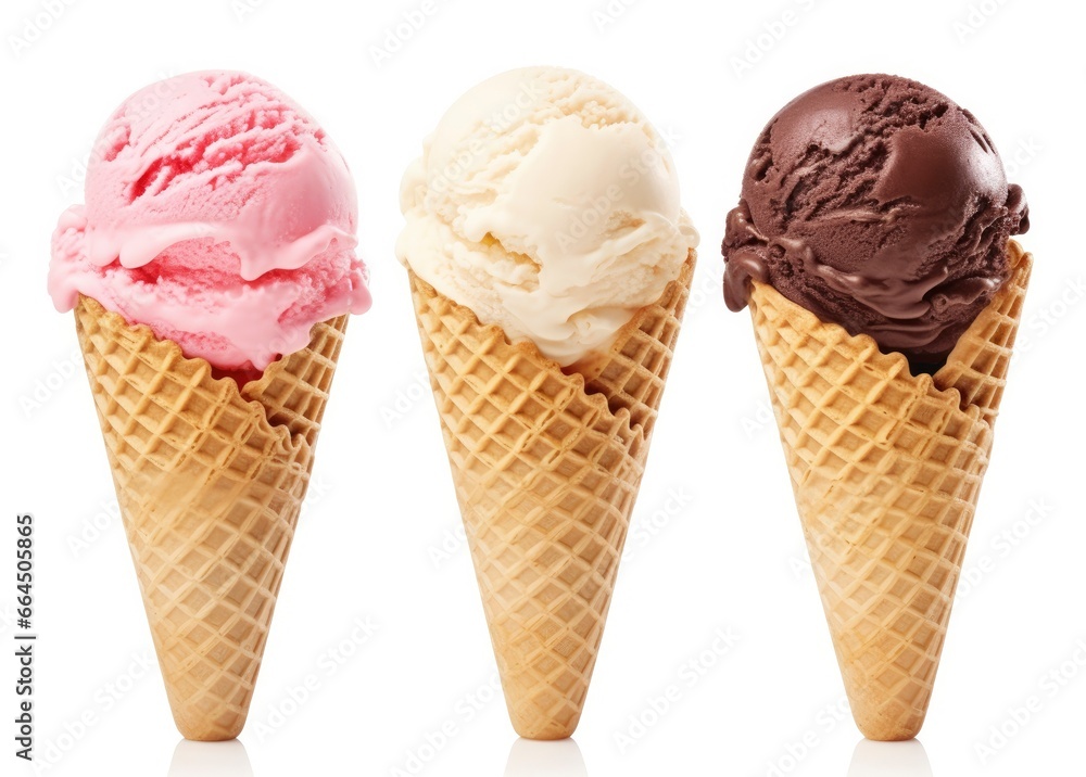 Chocolate, vanilla and strawberry Ice cream in the cone on white background.