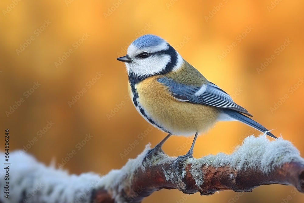 Obraz premium Bird Blue Tit in forest, snowflakes and nice lichen branch.