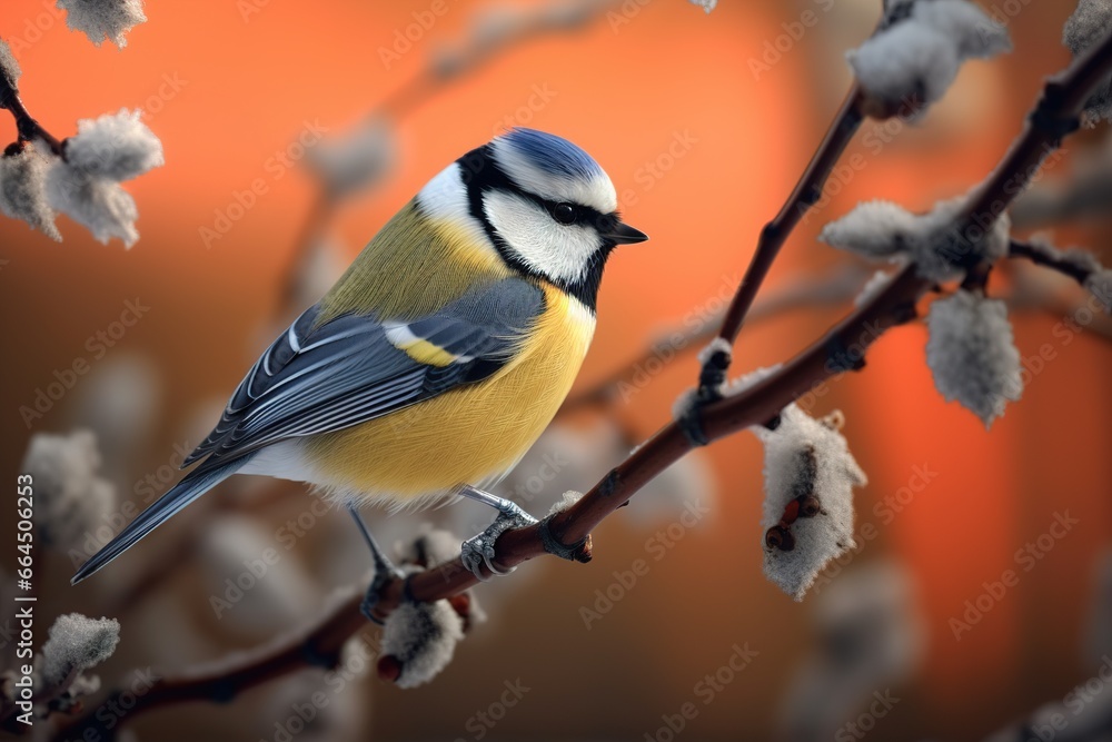 Bird Blue Tit in forest, snowflakes and nice lichen branch. Bird Blue Tit in forest, snowflakes and nice lichen branch.