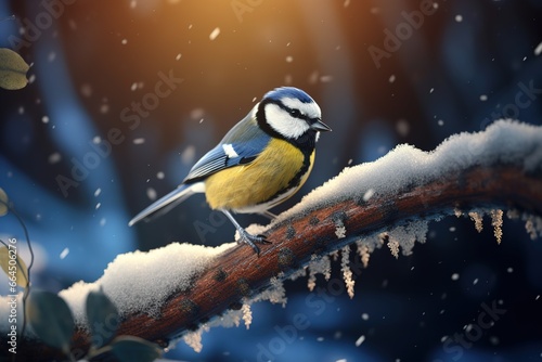 Bird Blue Tit in forest, snowflakes and nice lichen branch. © Irina