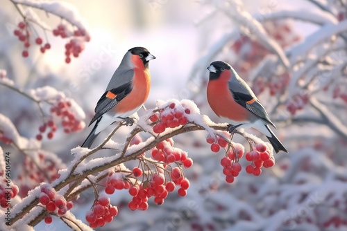 Slika na platnu The bullfinch bird sits on a bunch of red rowan berries,