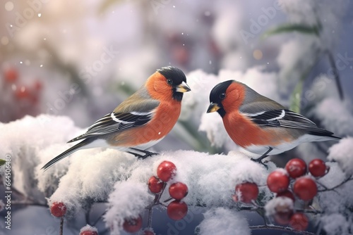 The bullfinch bird sits on a bunch of red rowan berries,