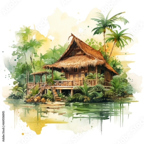 A watercolored bright serene image of a traditional bahay kubo.