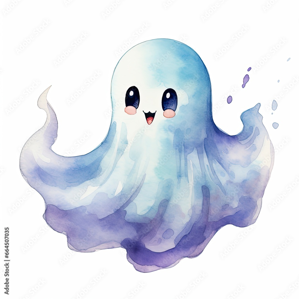 The watercolor cute ghost on white background.