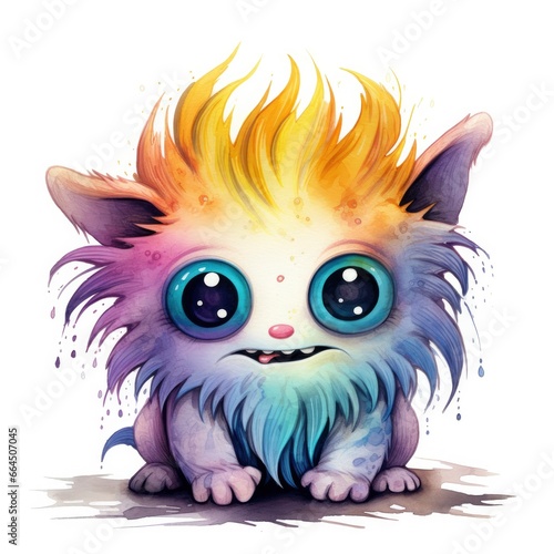 Watercolor cute monster on white background.