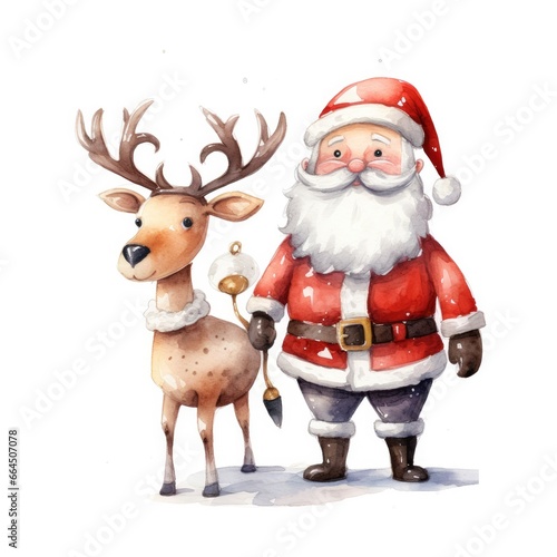 Cute Santa Claus standing with reindeer. © MDBaki