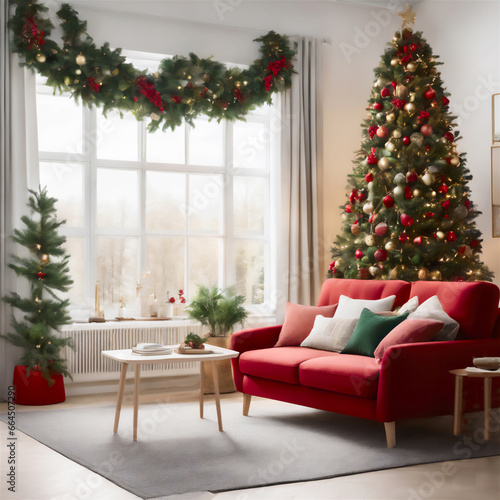 Festive interior with decorated Christmas tree.