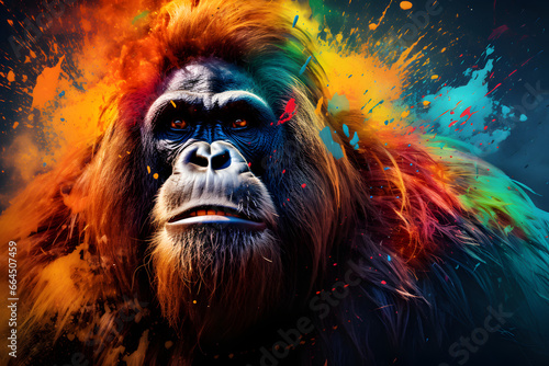 Colorful orang utan on a black background photo