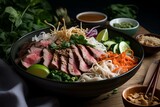 Contemporary pad thai with roast beef, noodles, and veggies in a Nordic bowl. Generative AI