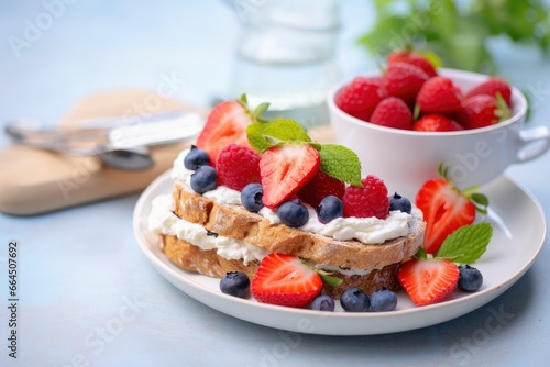 Fresh breakfast with Blueberry, Strawberry, raspberry ricotta rye sandwiches.