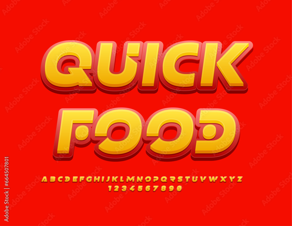 Vector advertising Banner Quick Food. Trendy Yellow and Red Font. Bright Alphabet Letters, Numbers and Symbols set.