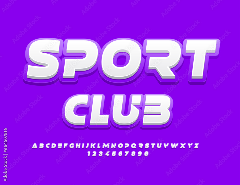 Vector bright poster Sport Club. White and Violet creative Font. Modern Alphabet Letters and Numbers