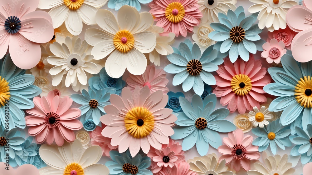  seamless pattern featuring a 3D illustration of colorful daisy flowers,resembling a paper quill pattern.
