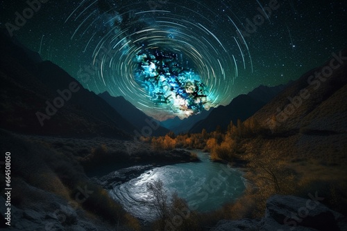 Nighttime swirling portal in mountainous valley. Generative AI