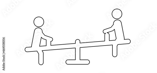 Cartoon stick figures man sitting on seesaw. Teetertotter or swing sign, Weighing balance scale concept. Kids, children play on the playground. Facility icon, public facility logo. Business, teamwork.