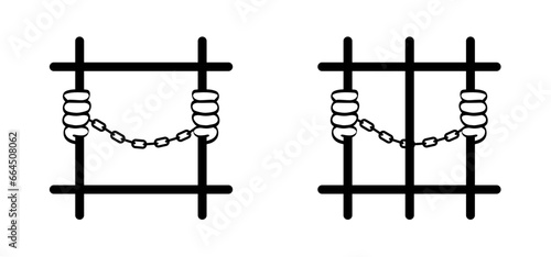 Prisoner, law enforcement and criminal justice sign. male hands in handcuffs. Jail, bars prison icon. jailed hands. Slave iron. Prisoner or arrested man and chain wire. Locking up prisoners or slaves.