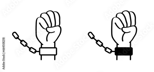Arrest. Chain of slavery, hand in handcuffs. Broken, chained, handcuffed hands. Slave iron, prisoner, problems, convict, freedom, debt, addiction liberty, liberation, slavery or bad habits. Shackle. 