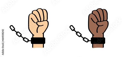 Arrest. Chain of slavery, hand in handcuffs. Broken, chained, handcuffed hands. Slave iron, prisoner, problems, convict, freedom, debt, addiction liberty, liberation, slavery or bad habits. Shackle. 