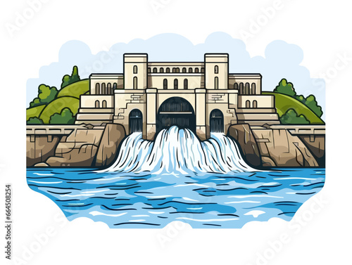 Doodle Hydroelectric power, cartoon sticker, sketch, vector, Illustration, minimalistic