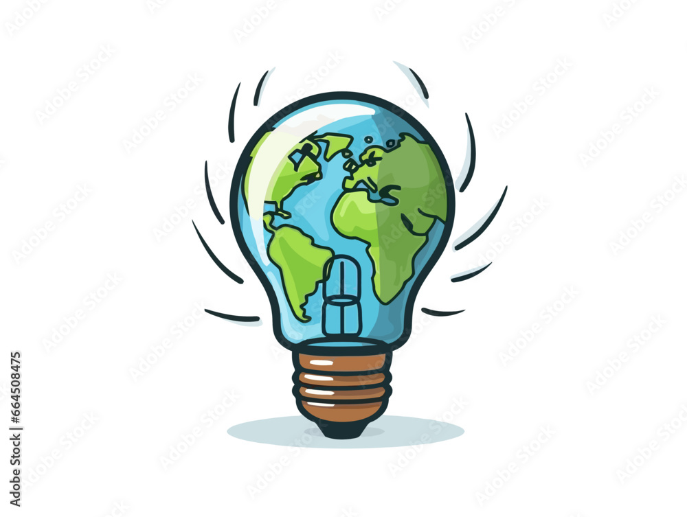 Doodle Earth with light bulb, cartoon sticker, sketch, vector, Illustration, minimalistic Doodle Earth with light bulb, cartoon sticker, sketch, vector, Illustration, minimalistic