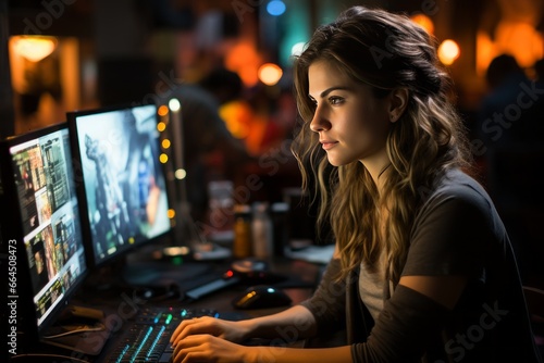 Female IT specialist sits in a dark office and looks at several monitors with her hands on the keyboard. Young girl is engaged in testing websites, debugging programs, expert development, coding.
