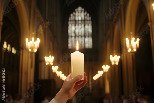 A devout hand holds a burning candle in a grand cathedral, illuminating a religious service filled with worshippers. Concept of faith, religion, Candlemas Day photo