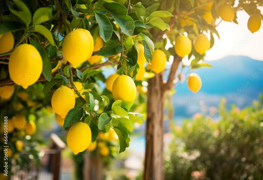Lemons growing in a sunny garden on Amalfi coast in Italy. Lemons growing in a sunny garden on Amalfi coast in Italy.