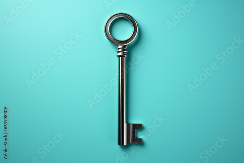 Metal key isolated on blue background.Top view