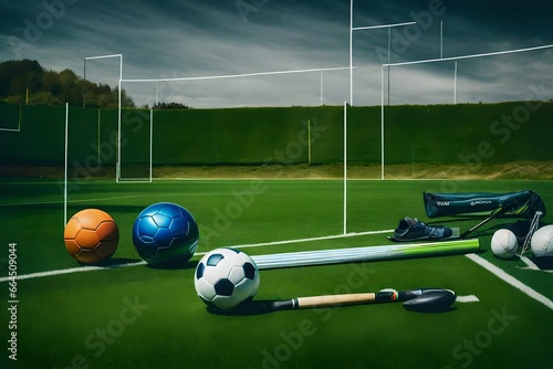 Sports tools arrange at the grass
