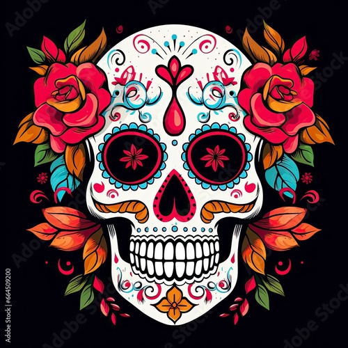 Mexican roses skull. Mexican roses skull. Dia de los muertos shugar colorful head.