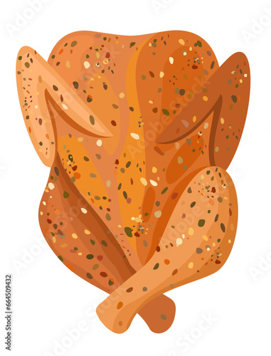 Roasted chicken with spices. Vector isolated illustration.