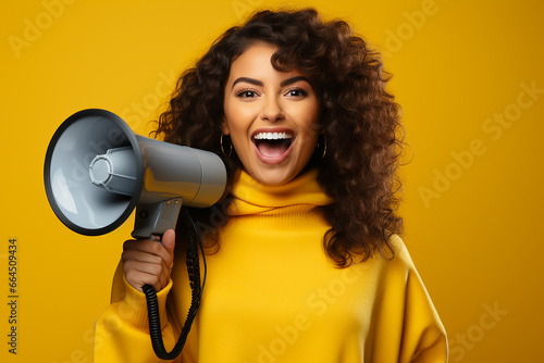 Happy woman holding megaphone on isolated yellow background.A person making an announcement.Front view