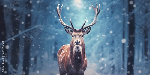 Noble deer male in the winter snow forest. Artistic winter Christmas landscape. © MDBaki