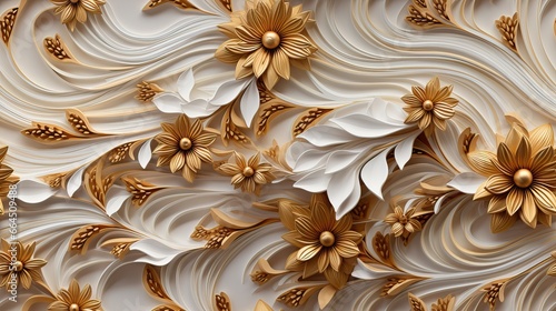 seamless pattern featuring a 3D illustration of white flowers with golden petals, resembling a paper quill pattern . 