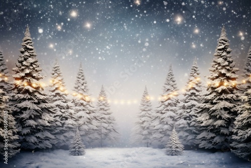 Snowy background with festive pine trees adorned with garland lights. Merry and enchanting Christmas atmosphere. Generative AI