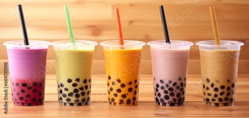Plastic cups of different tasty bubble tea on wooden background.