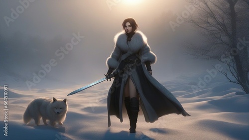 anime-inspired game of thrones style  A woman with a sword that wears a fur coat that walks in a foggy landscape_woman_sword_wear  photo