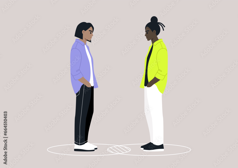 Two characters standing within their individual circles that intersect, serving as a metaphor for both their commonalities and differences Two characters standing within their individual circles that intersect, serving as a metaphor for both their commonalities and differences