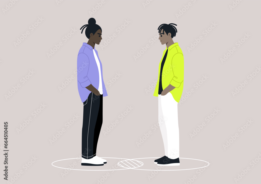 Two characters standing within their individual circles that intersect, serving as a metaphor for both their commonalities and differences Two characters standing within their individual circles that intersect, serving as a metaphor for both their commonalities and differences