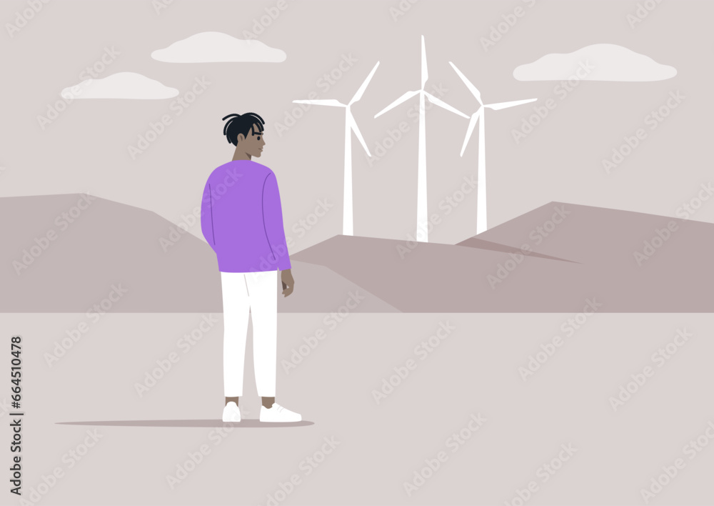 A renewable energy source, with a young character gazing at the wind turbines on the horizon, the scene represents eco-friendly and responsible behavior, emphasizing the importance of sustainability